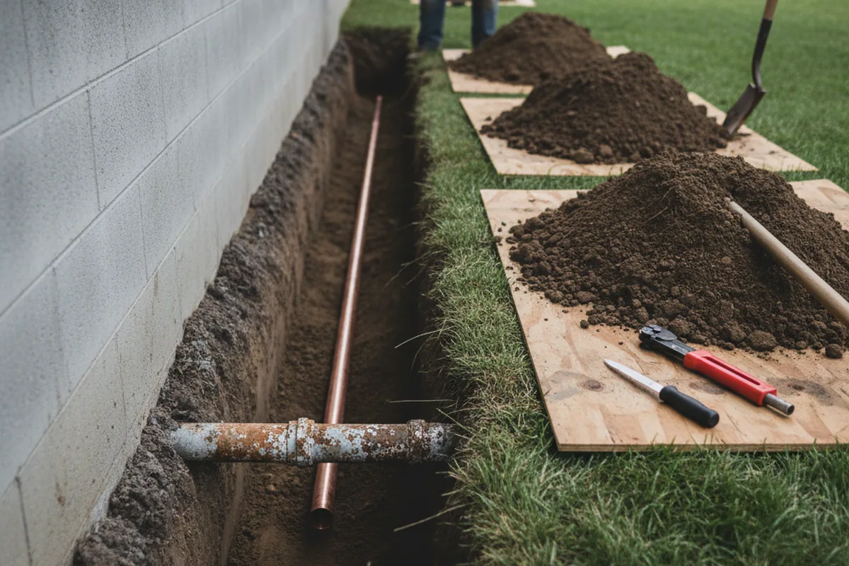 Excavated water line trench during Water Heater Repair in Protem